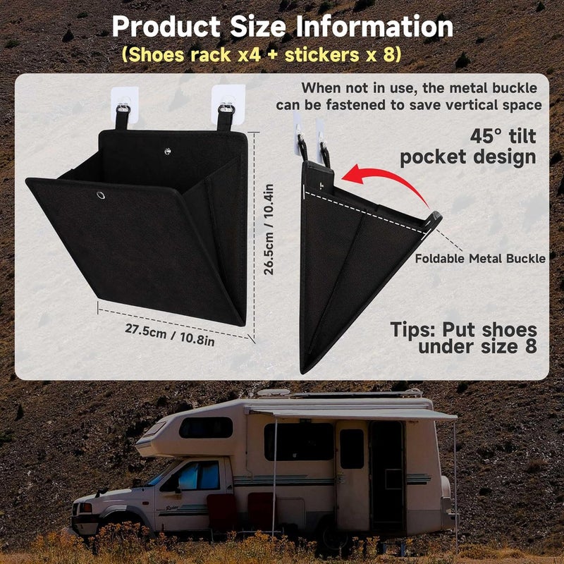 PUGPIU Rv Camper Shoe Storage 4 Pack, Foldable Wall Mounted Shoe Rack Organizer, Self-Adhesive Rv Shoe Holder, Space Saving for Camper Essential Home Travel Storage, with Deep Pocket Fit 1 Pair Shoes, Black - Image 3
